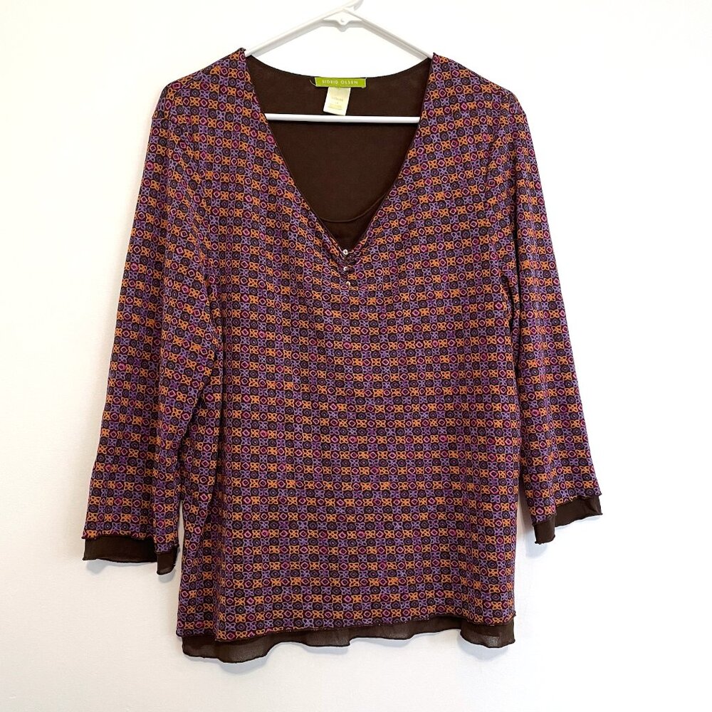SIGRID OLSEN Plus Size Purple Orange Brown Multi Geo Retro Mesh 3/4 Sleeve Top